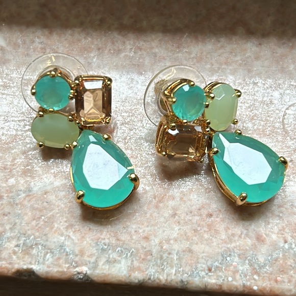 NWT Kate Spade Gold Tone Post Earrings w Aqua Blue, Pale Green & Tan Rhinestones - Picture 3 of 7
